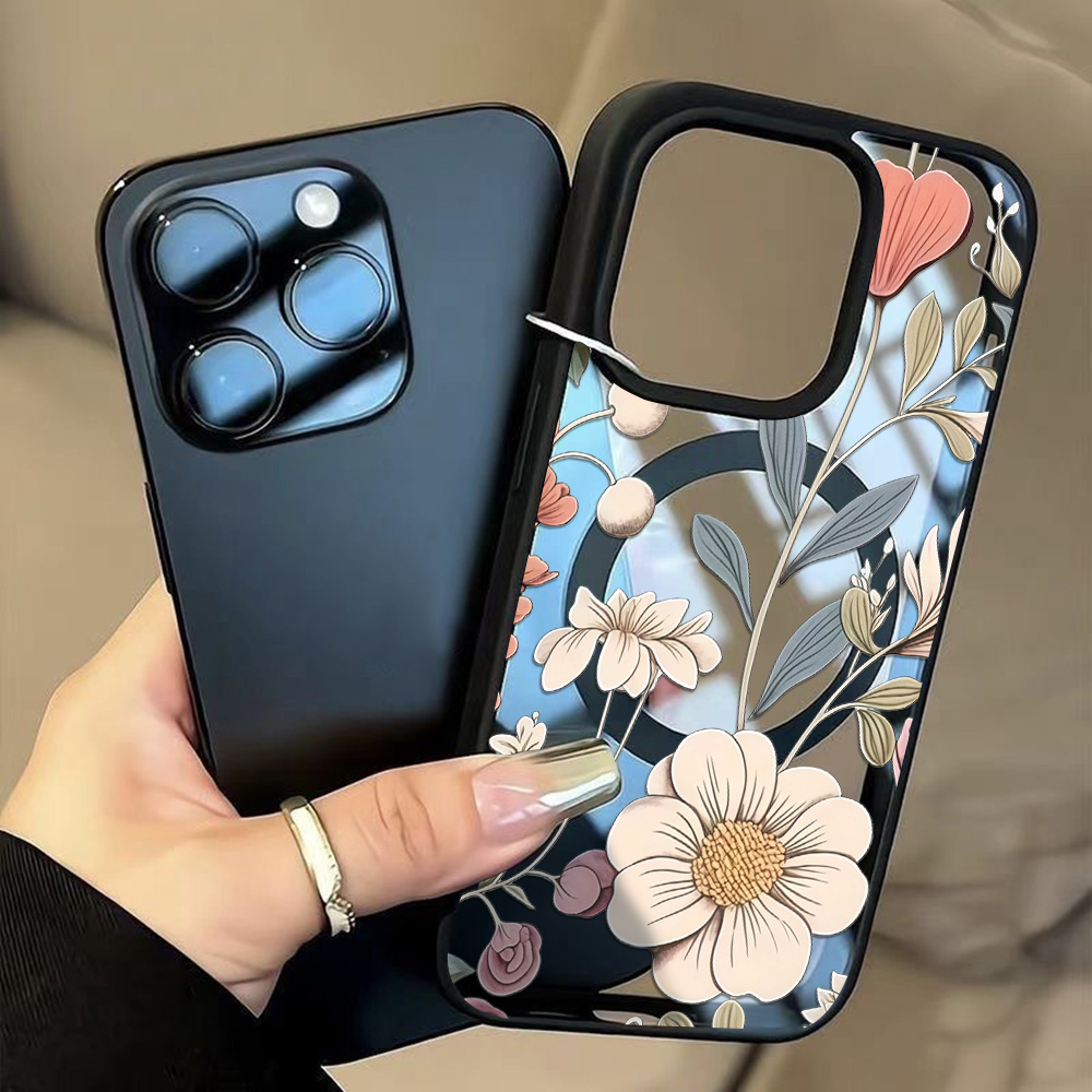 Phone Cases Magnetic - جراب هاتف شفاف بتصميم زهور وإطار