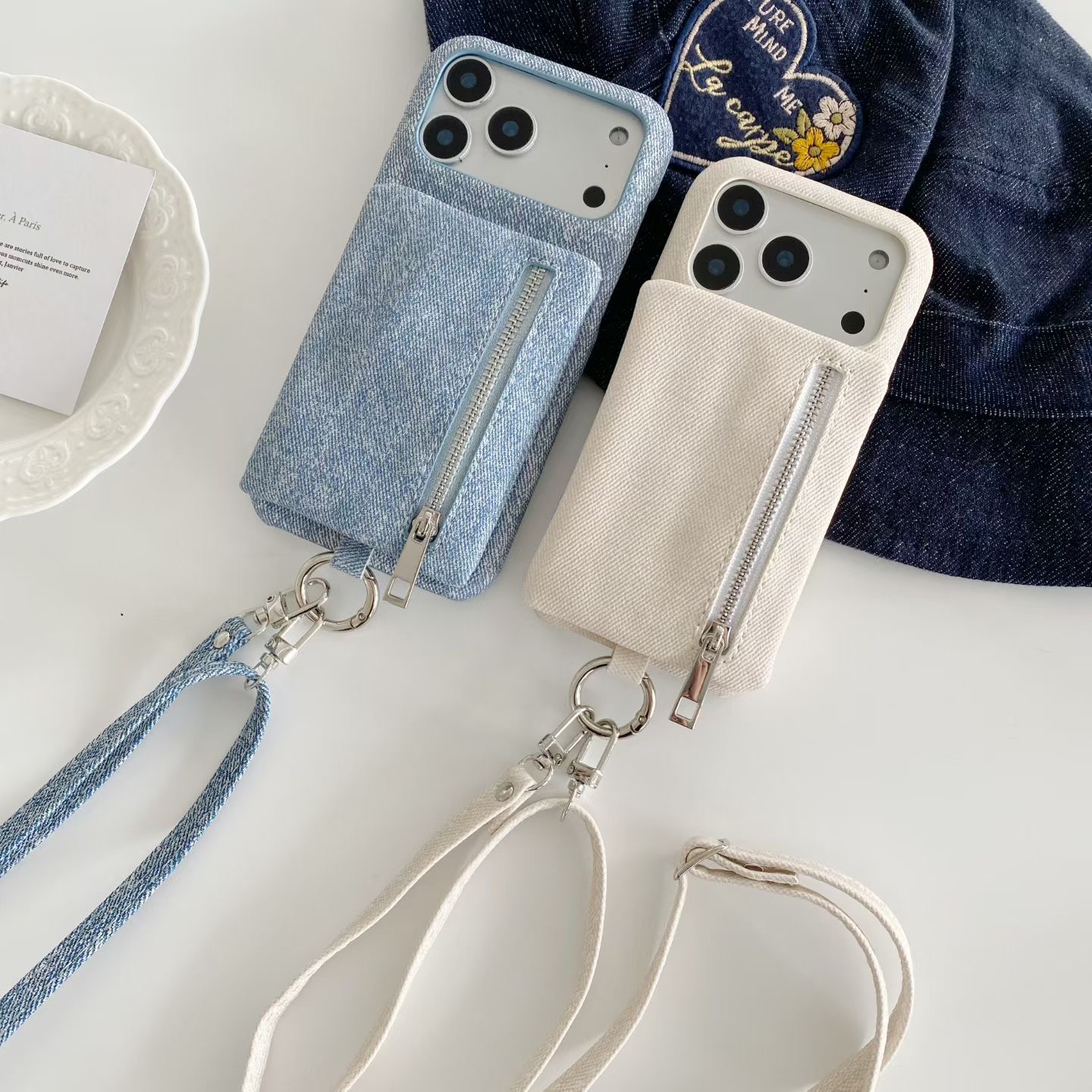 Phone Cases With Wallet - حافظة بطاقات جينز بسحاب لهاتف أبل