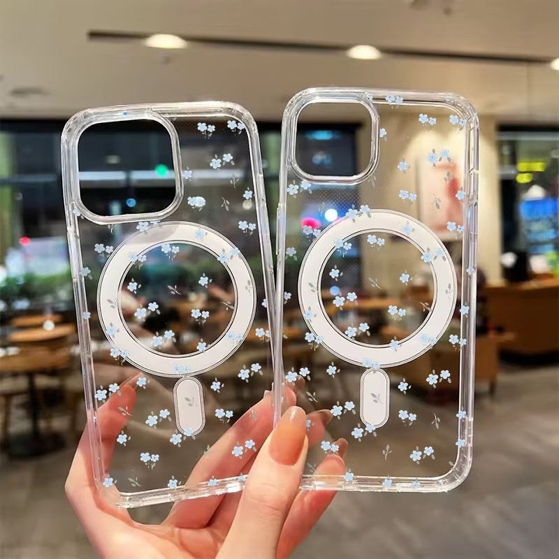 Clear Magsafe Case - جراب هاتف مغناطيسي شفاف بتصميم زهور